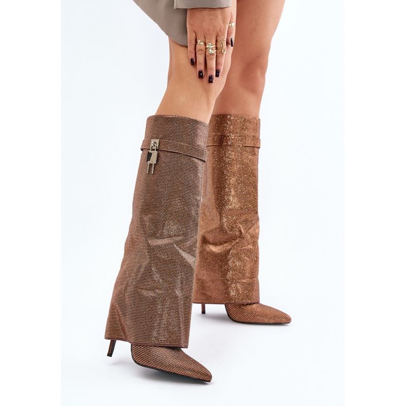 Zdobené nazouvací boty na vysokém podpatku s vyhrnutým hřídelem Brown Enathlin hnědý 2