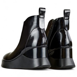 Kožené lakované dámské kozačky na klínku Elegantní, zateplené dámské kotníkové boty černý 2