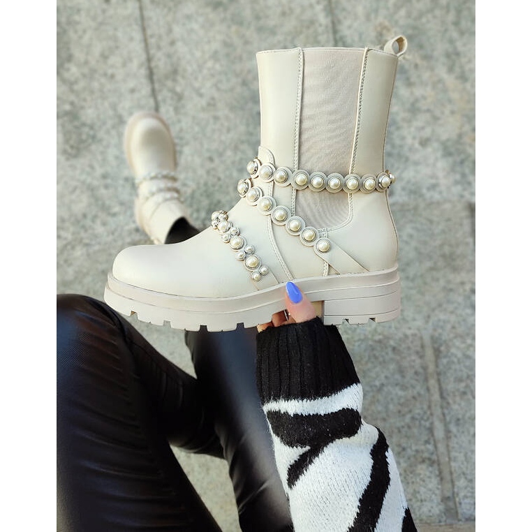 Dámské Chelsea kozačky s perlami, béžová 58090-1BE béžový 2