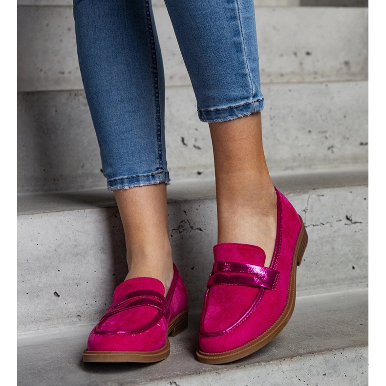 Růžové sametové mokasíny s lesklými vsadkami od Leonoleny růžový 2