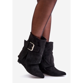 Kotníkové boty na klínku s ohrnutým svrškem a přezkou, Eco Suede, Black Vortinia černý 1