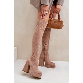 Béžové kozačky Nadelian nad kolena s vysokým podpatkem a platformou béžový 2
