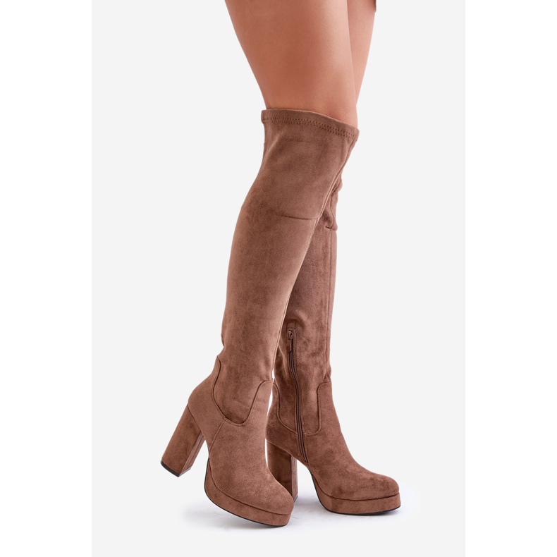 Kozačky na vysokém podpatku a platformě se svrškem nad kolena Eco Suede Tmavě béžová Zistaria béžový 1