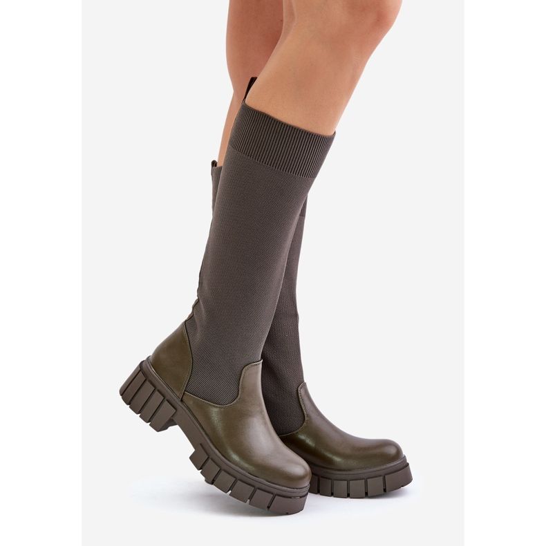 Kozačky s pružným svrškem a plochým podpatkem, tmavě zelená Mesidra 1