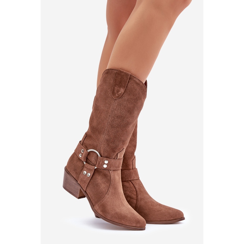 Dámské semišové kovbojské boty Zazoo 3669 Hnědé do poloviny lýtek hnědý 1