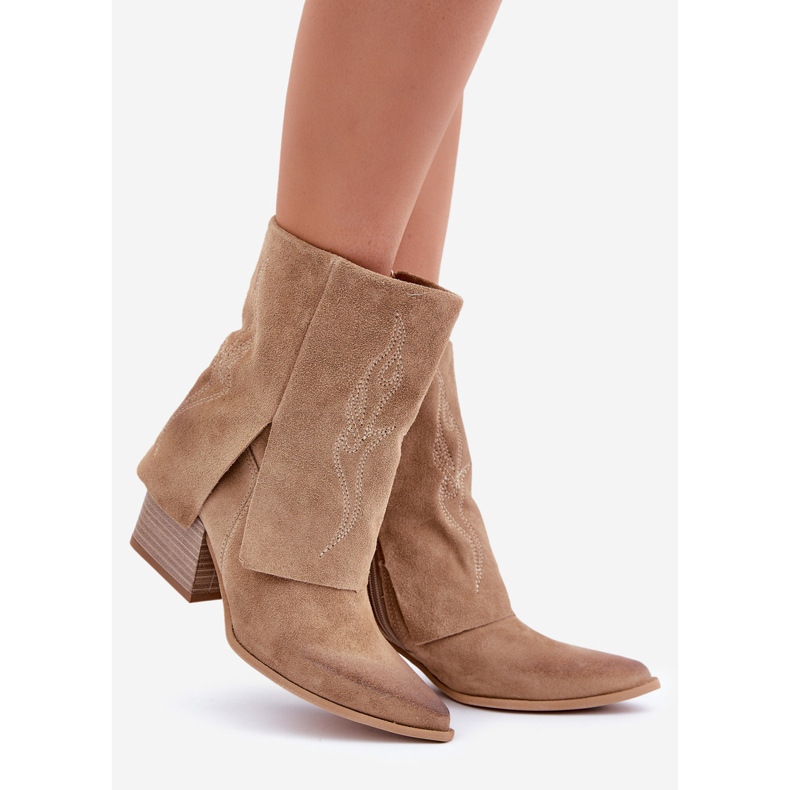 Semišové kovbojské boty na vysokém podpatku s vyhrnutým horním zazoo 3488 béžová béžový 1