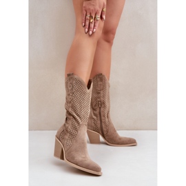 Prolamované kovbojské boty na vysokém podpatku, tmavě béžové béžový 2