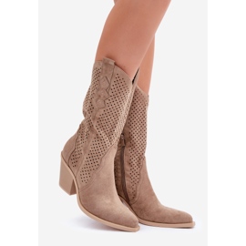Prolamované kovbojské boty na vysokém podpatku, tmavě béžové béžový 1