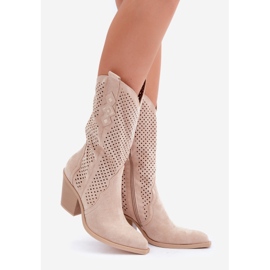 Prolamované Kovbojské Boty Na Vysokém Podpatku, Světle Béžová béžový 1 Prolamované Kovbojské Boty Na Vysokém Podpatku, Světle Béžová béžový 1
