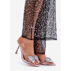 Transparentní stříbrné sandály na vysokém podpatku s lesklou stříbrnou mašlí stříbrný 1