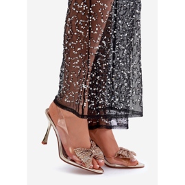 Transparentní sandály na vysokém podpatku s lesklou zlatou mašlí zlatý 1