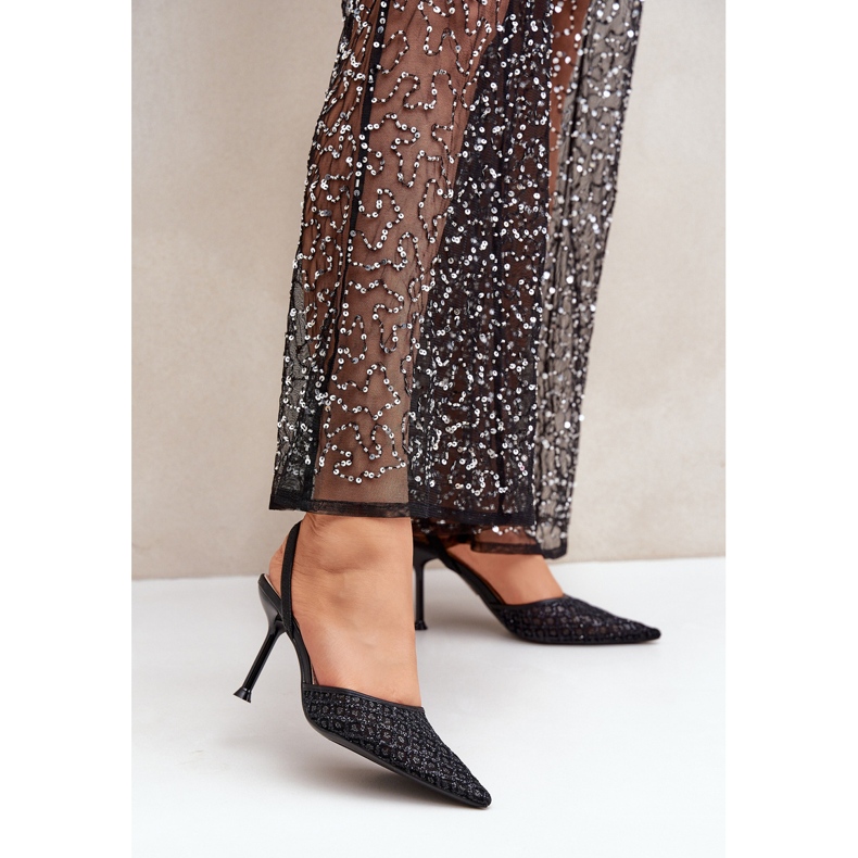 Vysoké podpatky s otevřeným podpatkem zdobené černými třpytkami černá 2