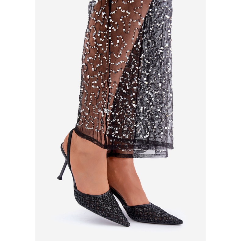 Vysoké podpatky s otevřeným podpatkem zdobené černými třpytkami černá 1
