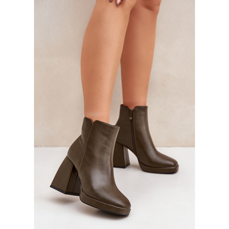 Ekologické kožené kotníkové boty na vysokém podpatku, tmavě zelené zelená 1