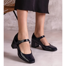 Navy Blue Barnised Pumps s proužkem na sloupku modrý 3