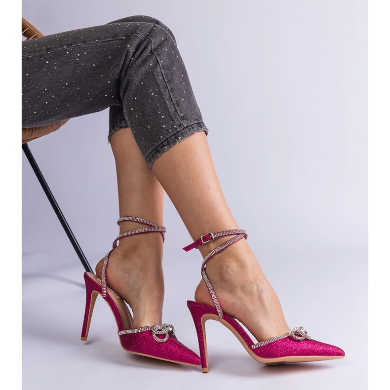 Růžové třpytky vysoké podpatky s lukem a zirkony růžový 1