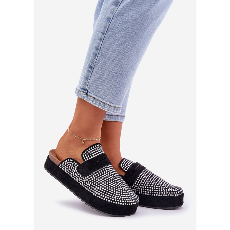 Dámské žabky zdobené zirkony na černé platformě černá 1