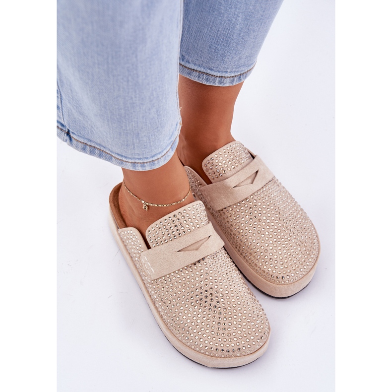 Dámské pantofle zdobené zirkony na platformě Beige béžový 2