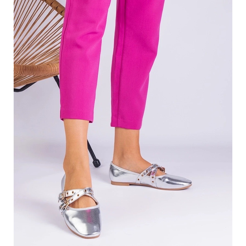 D/CEO Stříbrné ekologické baleríny zdobené přezky Emmarino stříbrný 2