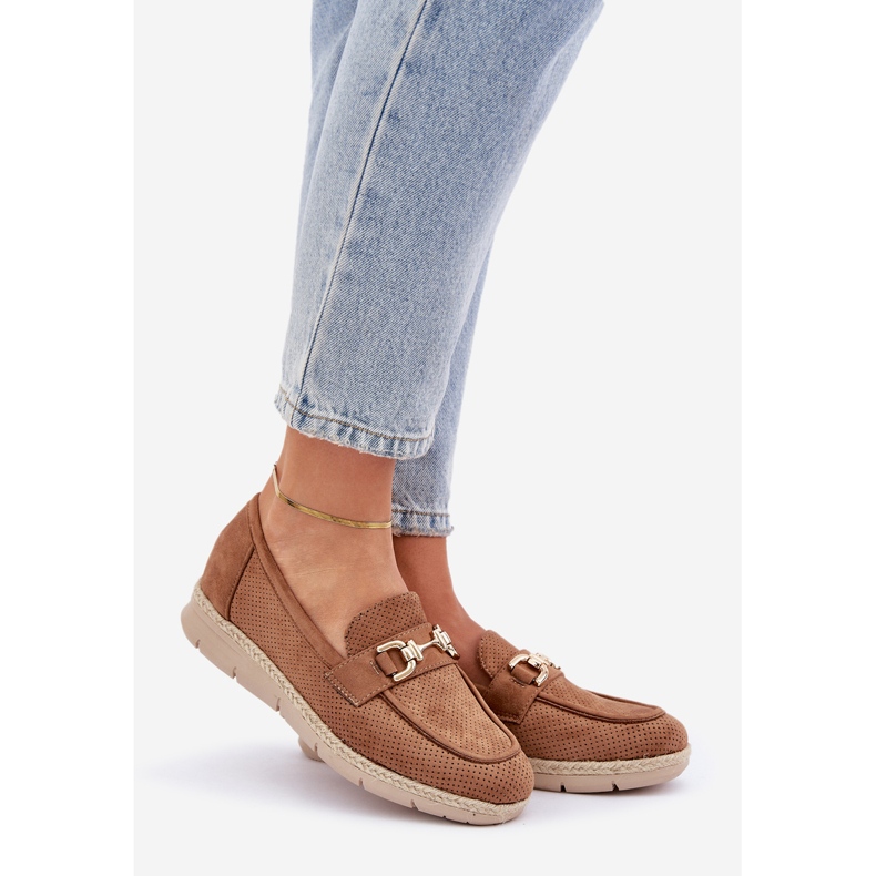 Otevřené mokasíny se zlatým detailem a jutovou hnědou cop hnědý 1 Otevřené mokasíny se zlatým detailem a jutovou hnědou cop hnědý 1