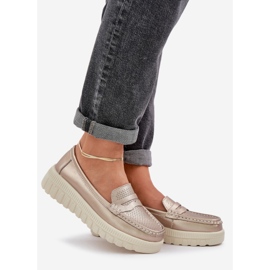 Dámské kožené mokamaty na platformě a klíny šampaňského zlatý 1 Dámské kožené mokamaty na platformě a klíny šampaňského zlatý 1