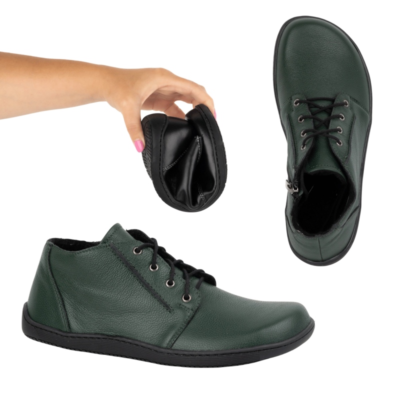 Olivier Barefoot dámské kožené boty, mírně zateplené, po kotníky se zipem, 787 zelená 1