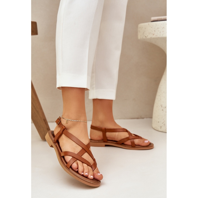 Kožené ploché sandály s propojením Zazoo 40429 Hnědé popruhy hnědý 2