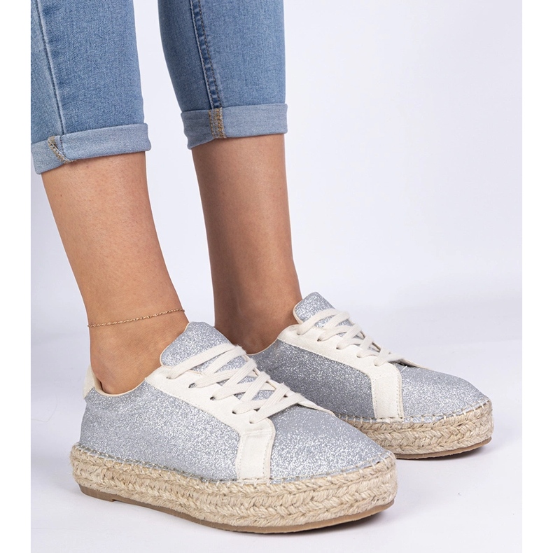 Stříbrné dámské espadrilly zdobené třpytky stříbro 2