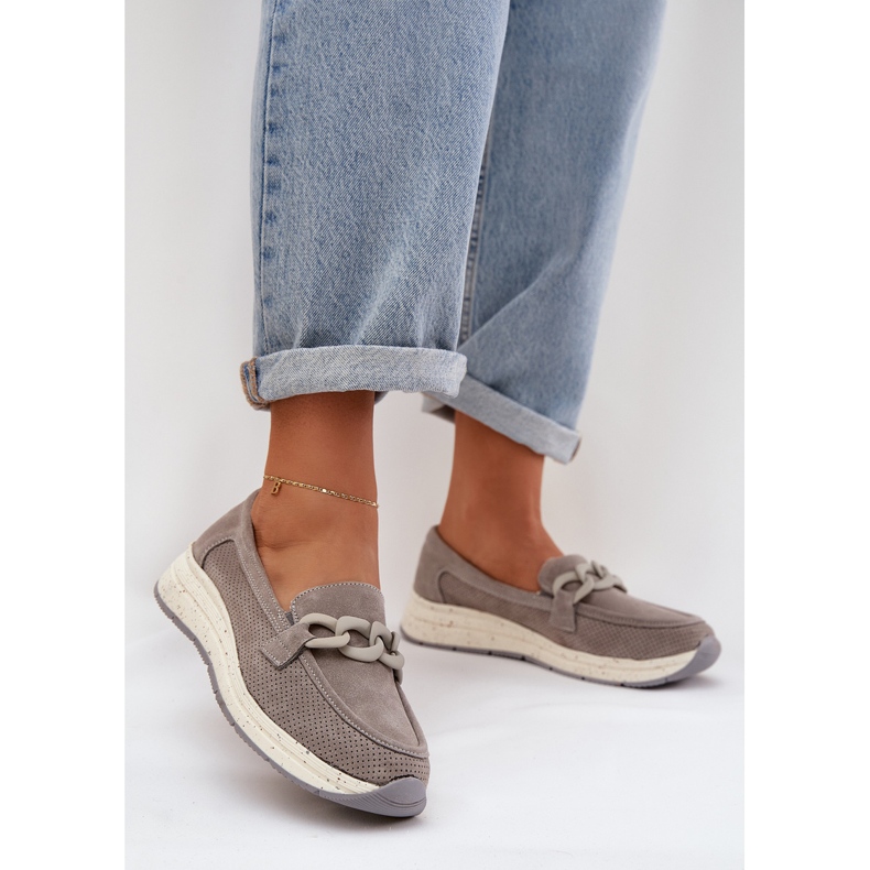 S.Barski Semišové mokasíny na platformě s D&amp;A Tw552 šedý řetězec šedá 2