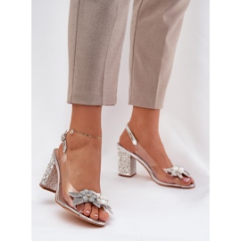 S.Barski Transparentní sandály s květinami na zdobeném patě D&amp;A MR38-331 stříbro stříbrný 2