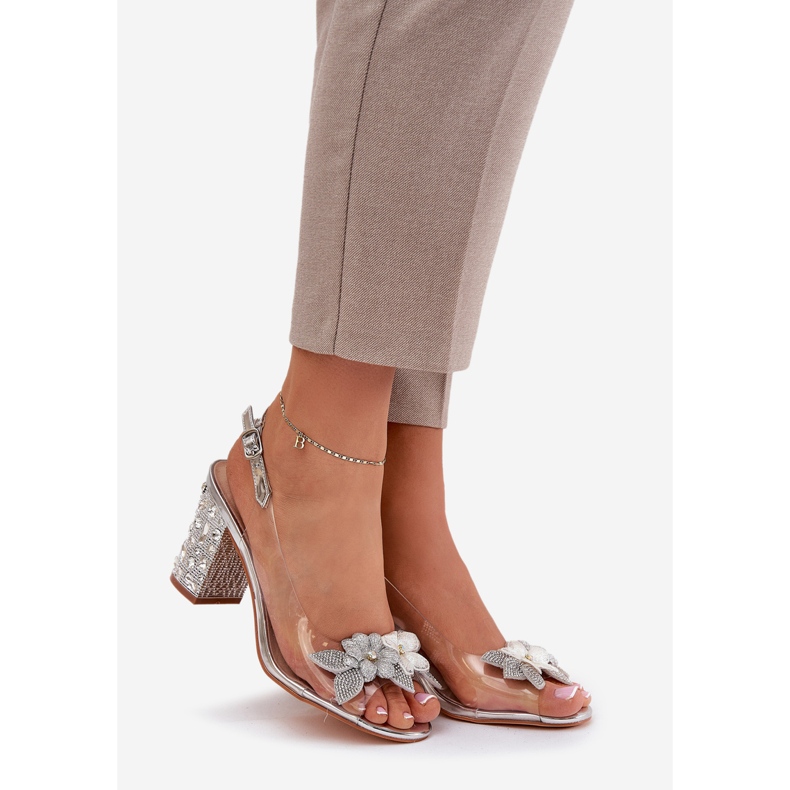 S.Barski Transparentní sandály s květinami na zdobeném patě D&amp;A MR38-331 stříbro stříbrný 1