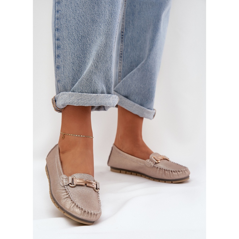 S.Barski Třpytivé ploché mokasíny vyrobené z přírodní kůže D&amp;A LR51-546 Zloty zlatý 2