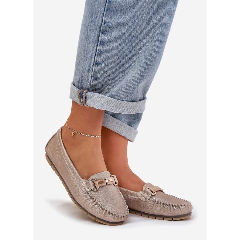 S.Barski Třpytivé ploché mokasíny vyrobené z přírodní kůže D&amp;A LR51-546 Zloty zlatý 1