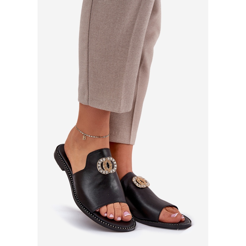 Elegantní kožená dámská žabky s dekorací Zazoo 3008 Black černý 1