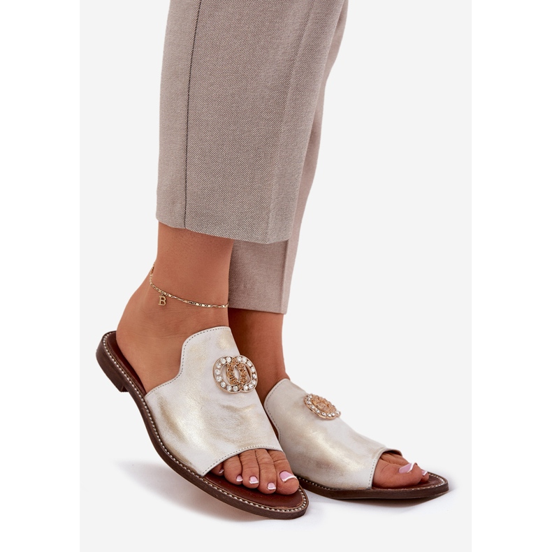 Elegantní kožená ženská žabky se zazoo 3008 Zloty, otře zlatý 1