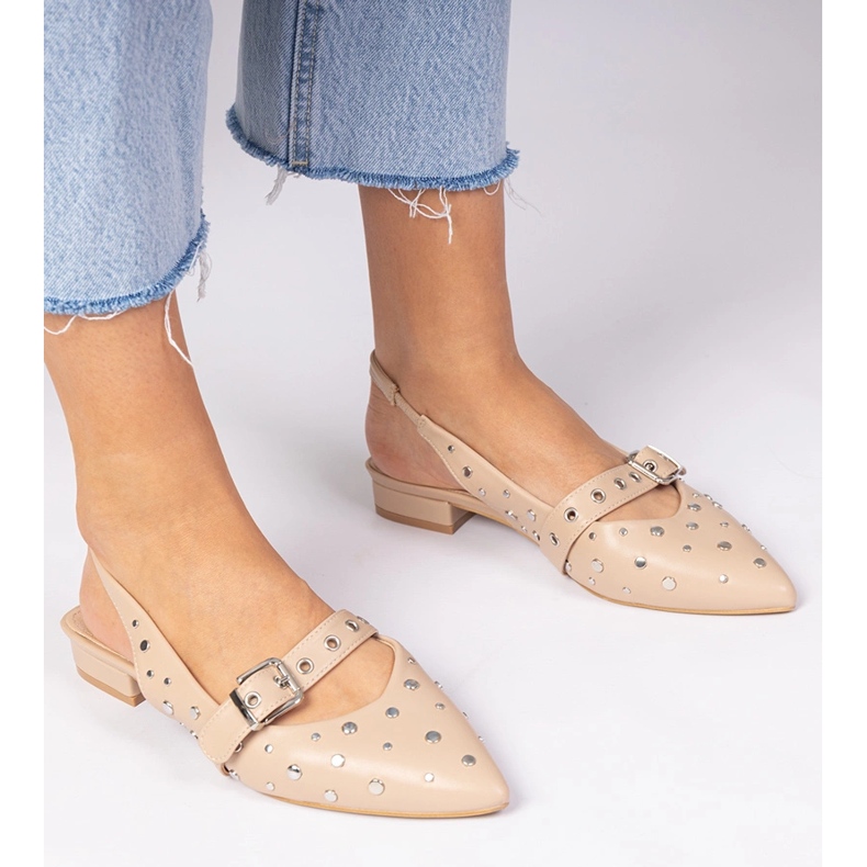 Béžové dámské ploché podpatky s otevřenou patou a drahokamy béžový 2