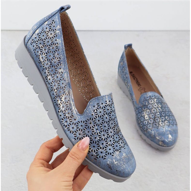 Dámské boty na výšce otevřených zlacených kolejí M. Daszyński MR1628-20 modrý 1