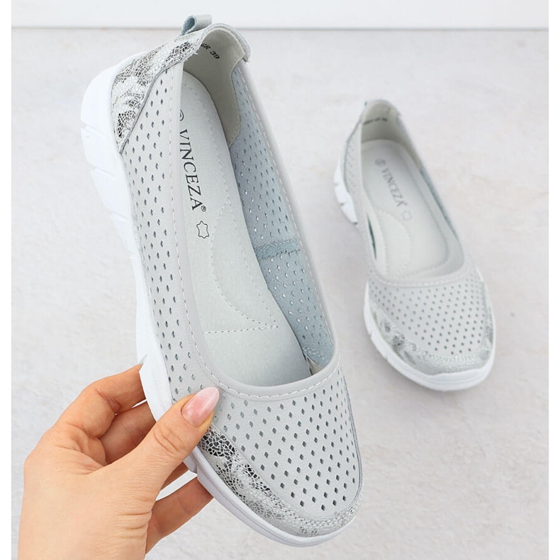 Kožená balerína otevřená práce pohodlí šedá vinceza 95323 1 Kožená balerína otevřená práce pohodlí šedá vinceza 95323 1