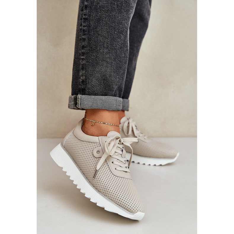 S.Barski Kožená sportovní bota na platformě s třpytkami LR51-629 béžový 2