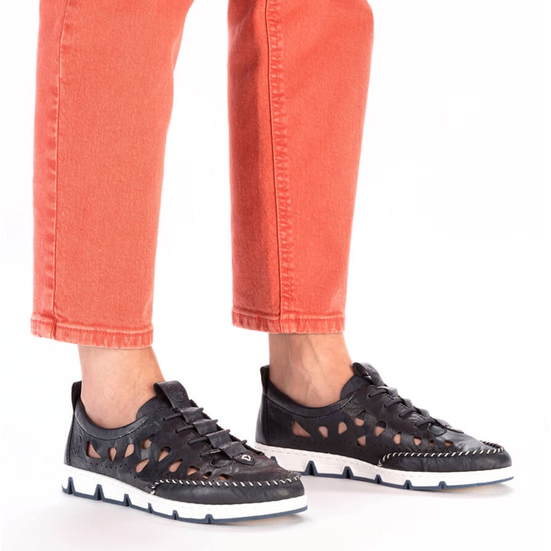 Dámské kožené prolamované slip-on boty, tmavě modrá Rieker 49956-14 modrý 1