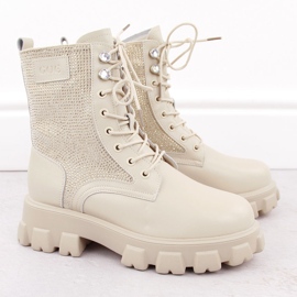 Dámské kožené kotníkové boty s kamínky, béžová Goe OO2N4108 béžový 2