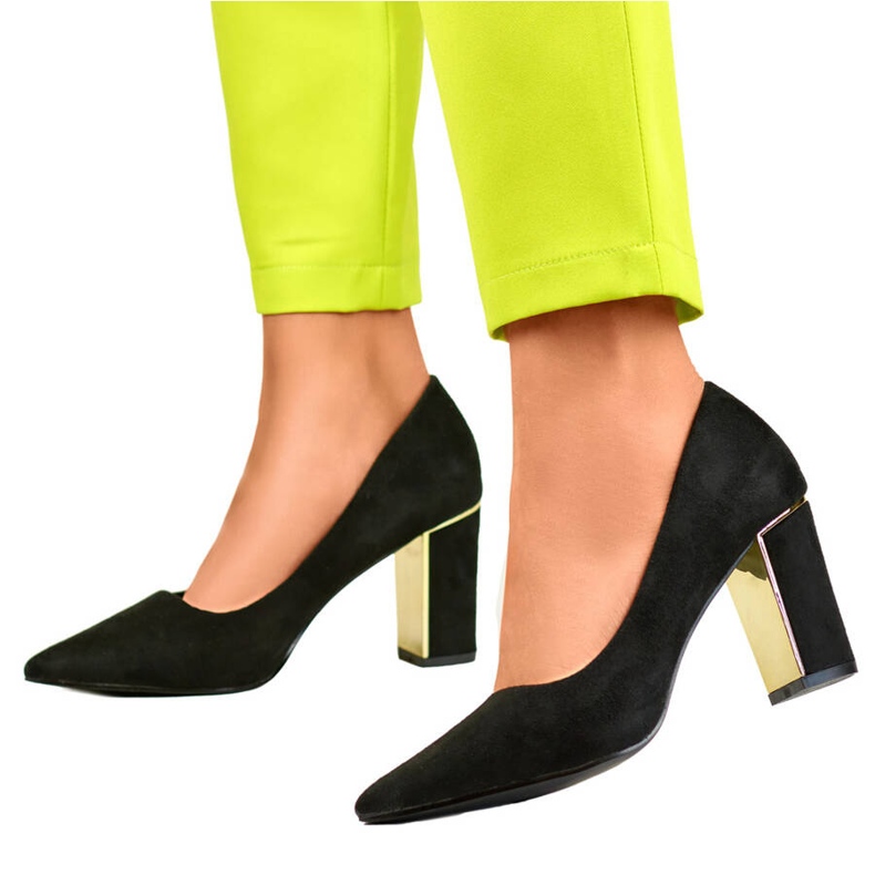 Dámské špičaté lodičky na vysokém ozdobném podpatku, černý semiš GD-DO112A-B černá 2