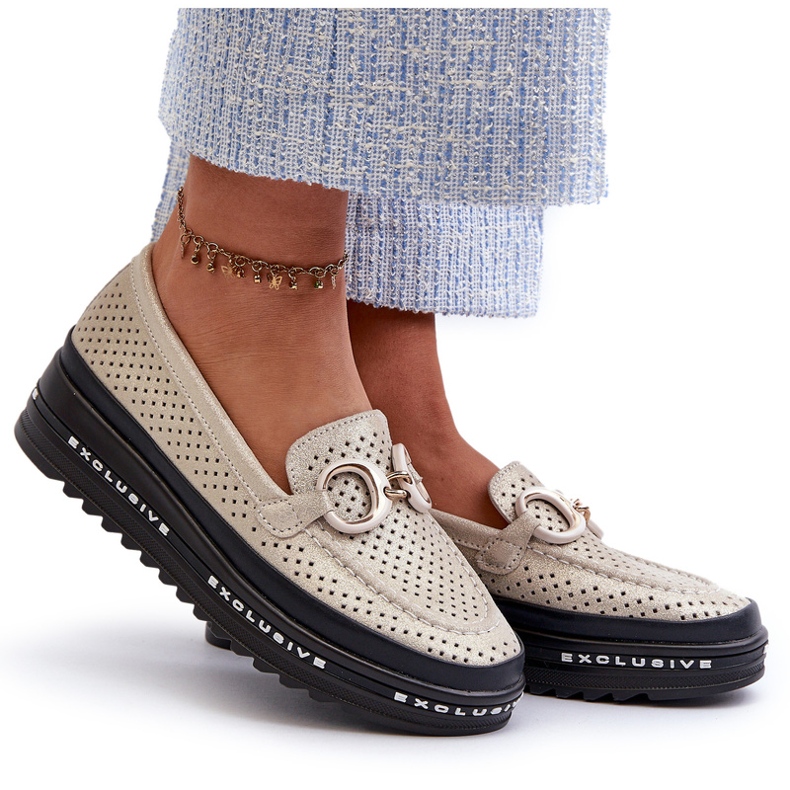 Lesklé kožené dámské mokasíny na platformě s ozdobou S.Barski LR750 zlatá zlatý 4