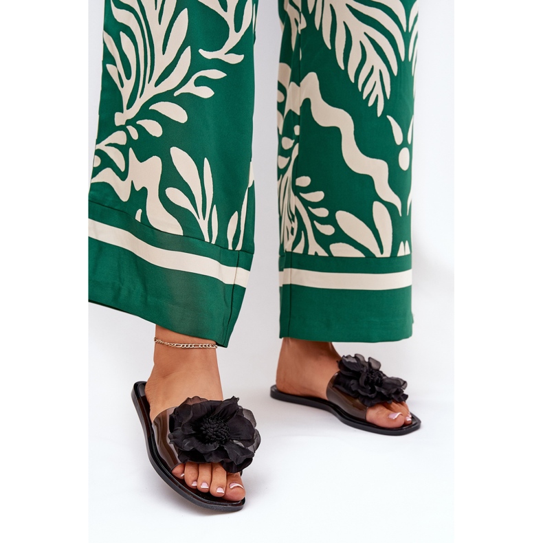 Transparentní ploché ženské žabky s umělou květinou černou černá 2