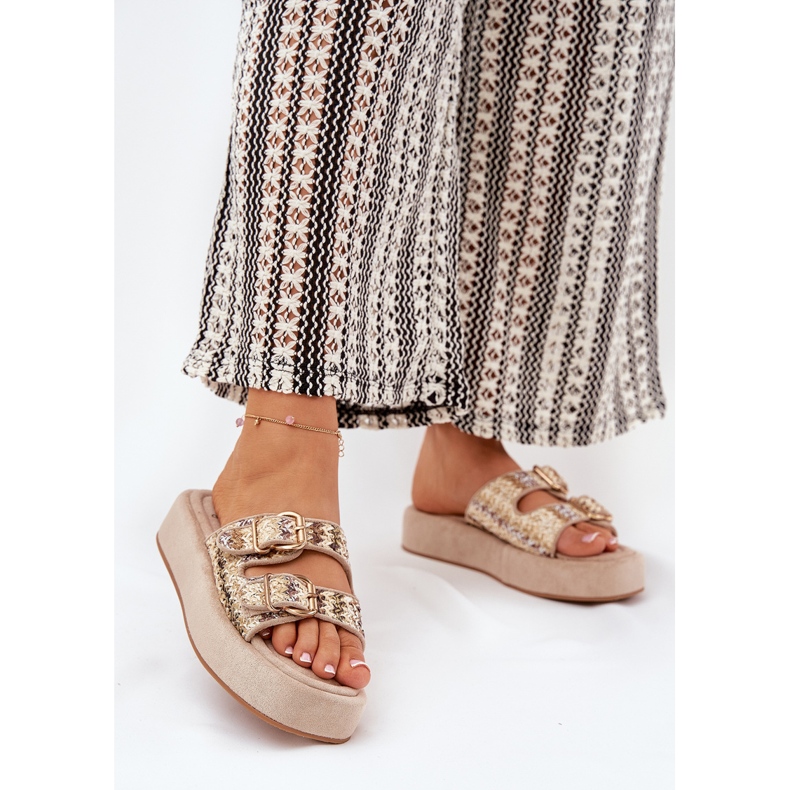 Dámské pantofle na platformě s spony a Khaki Braid béžový 2