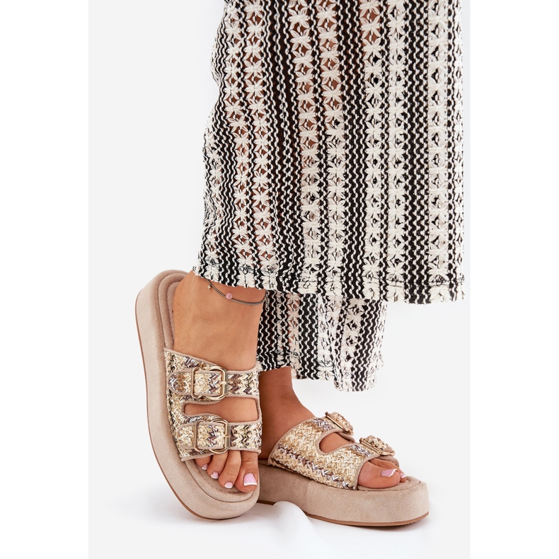 Dámské pantofle na platformě s spony a Khaki Braid béžový 1