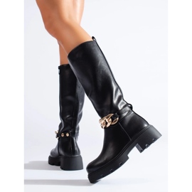 Dámské kozačky s řetízkem z ekologické kůže černá 2