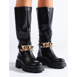 Dámské kozačky s řetízkem z ekologické kůže černá 1