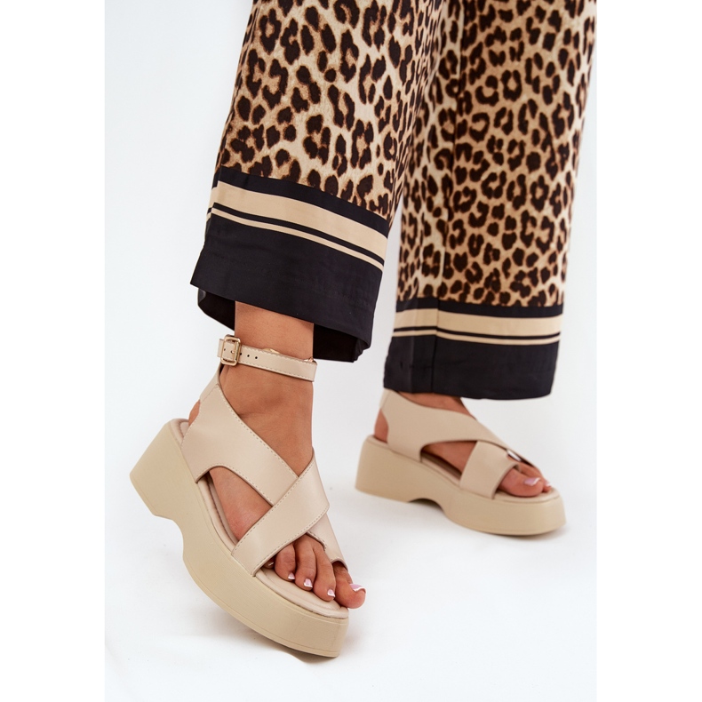 Dámské sandály na platformě a klínová ekologická kožená béžová béžový 2