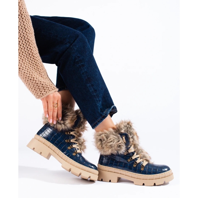 Goodin Modré dámské kozačky s kožíškem modrý 1